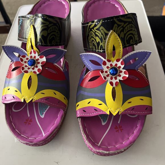 Women Bohemian Sandals Open Toe Wedge Heels Floral Summer Slipper Shoes Size 9 - Picture 1 of 7